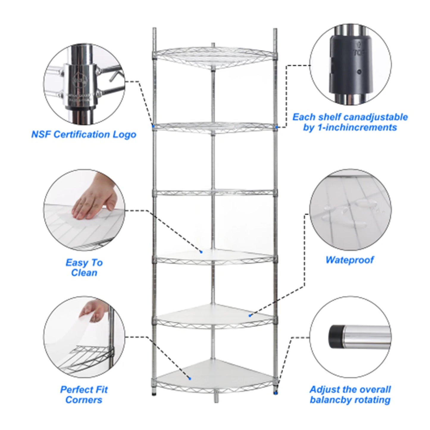6 Tier Corner Storage Shelves, Wire Shelving Unit, Adjustable Metal Heavy Duty Free Standing Corner Storage Display Chrome Rack for Laundry Bathroom Kitchen Pantry Closet, Chrome