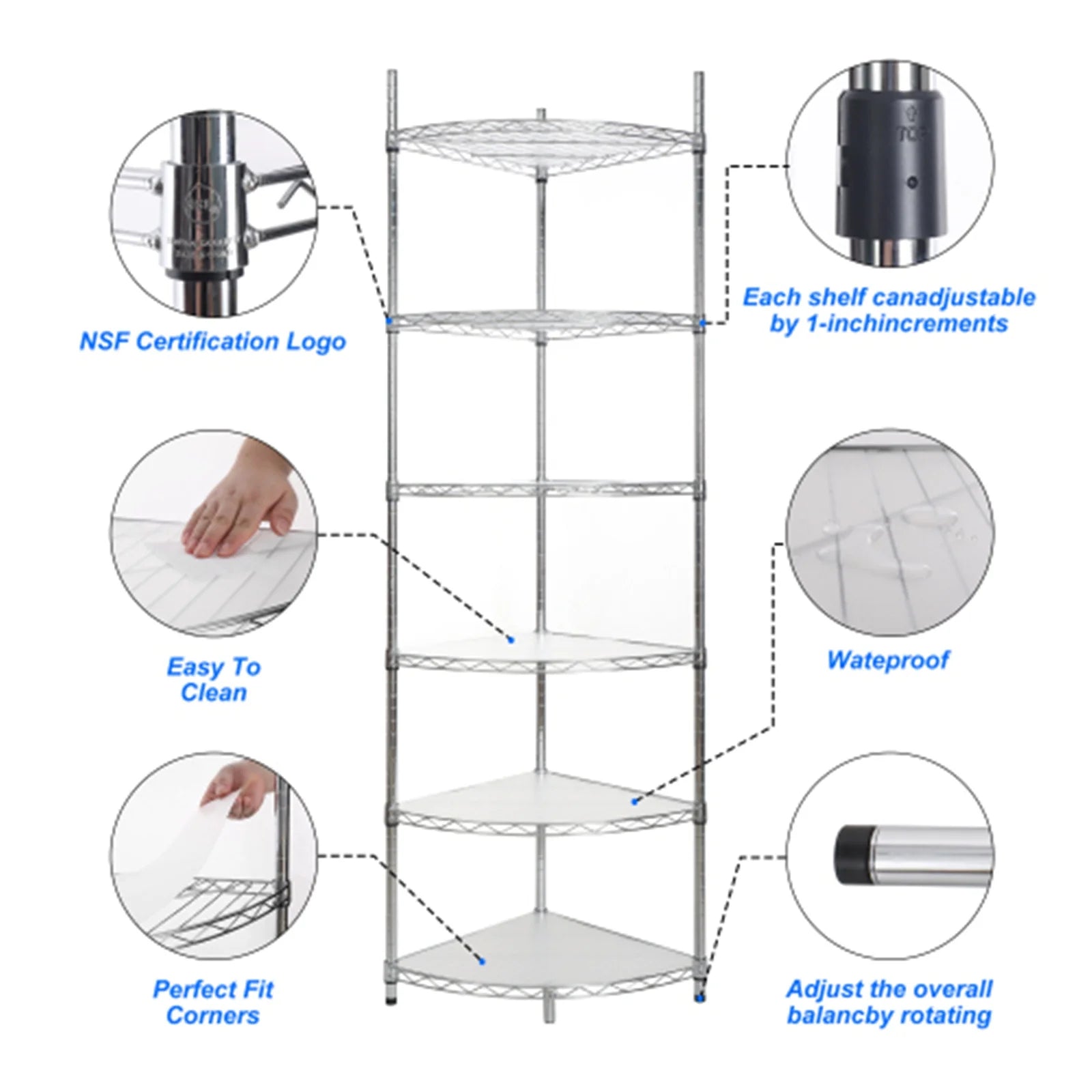 6 Tier Corner Storage Shelves, Wire Shelving Unit, Adjustable Metal Heavy Duty Free Standing Corner Storage Display Chrome Rack for Laundry Bathroom Kitchen Pantry Closet, Chrome