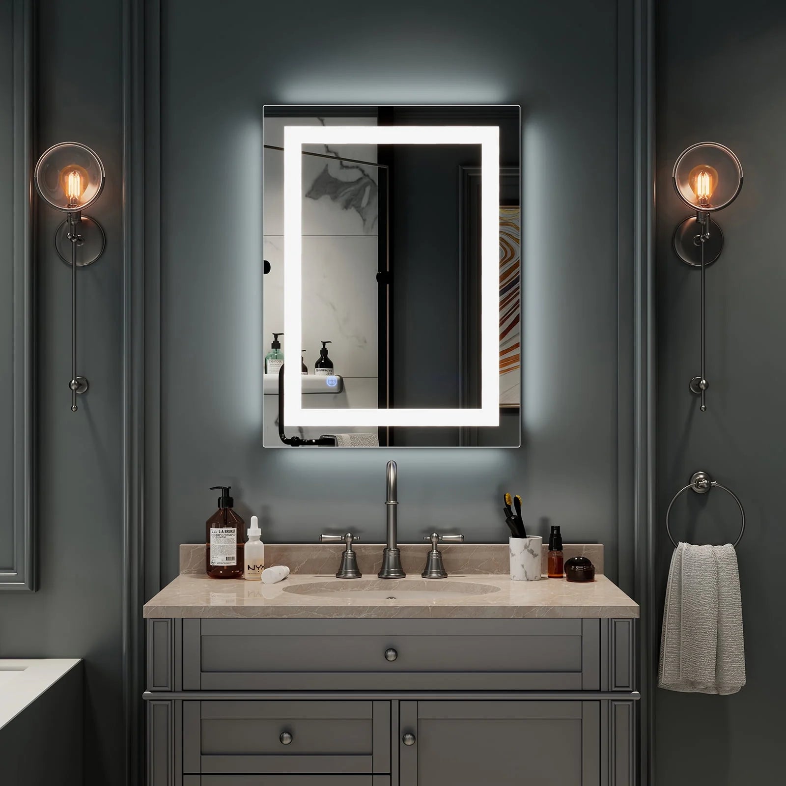 Zimtown Touch LED Bathroom Mirror Rectangle Light Strip Lighted Mirror 32x24 Silver