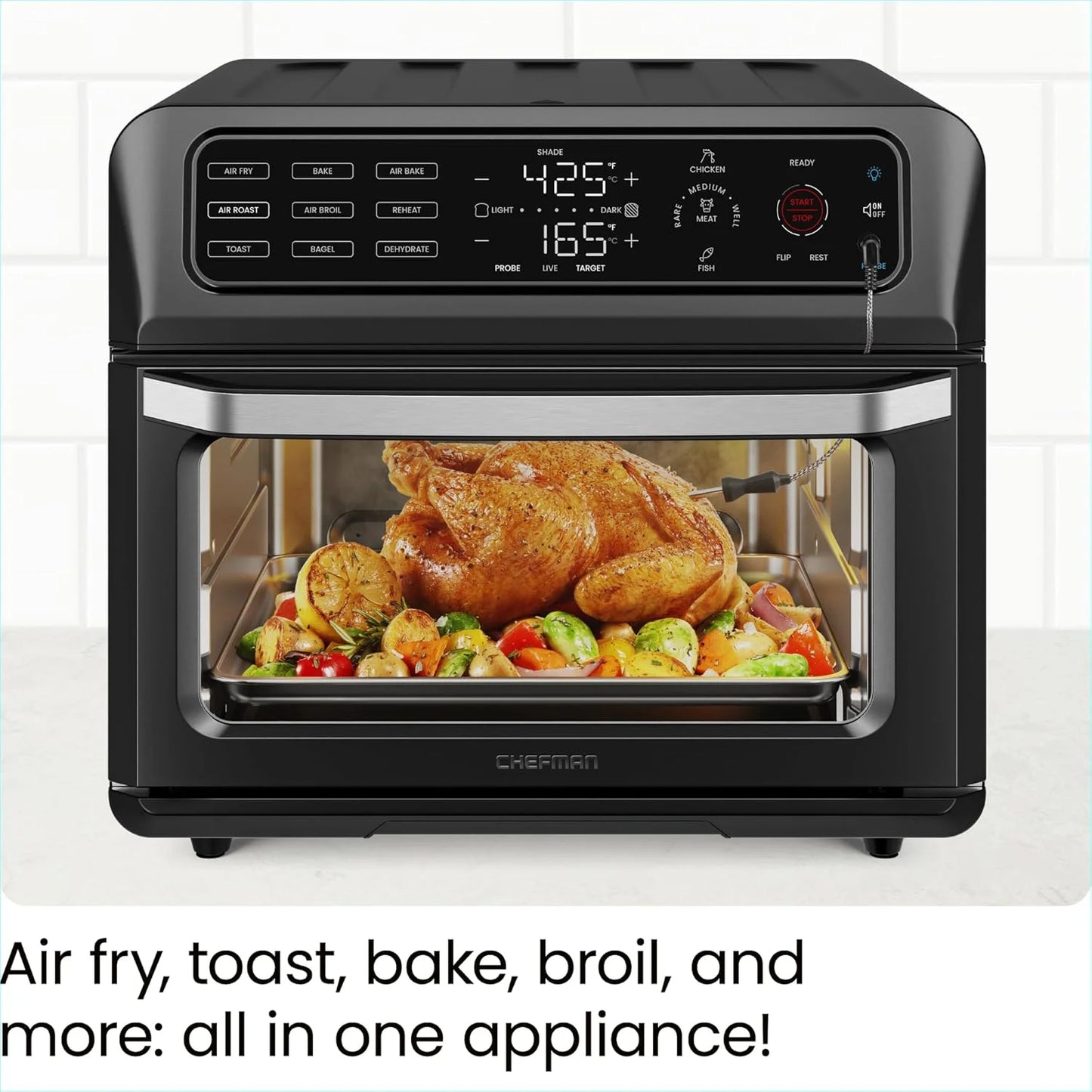 Chefman 12-in-1 Air Fryer Oven Combo w/Probe Thermometer, 20 Qt Capacity - Black Stainless Steel, New