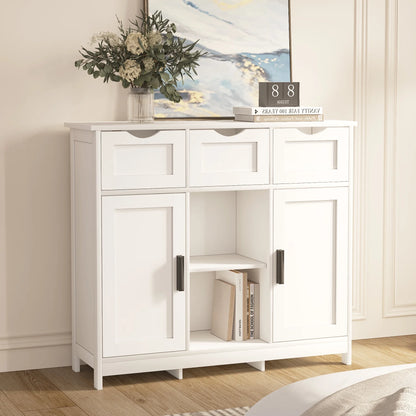 PORKISS White Floor Storage Cabinet, Wood Accent Cabinet with Drawers and Adjustable Shelves Storage, Modern Pantry Cabinet for Kitchen, Bathroom, Living Room