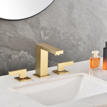 sumerain Brushed Gold 8 Inch Widespread Bathroom Faucet 2 Handle Lavatory Faucet Solid Brass, with Quick Connect Hose