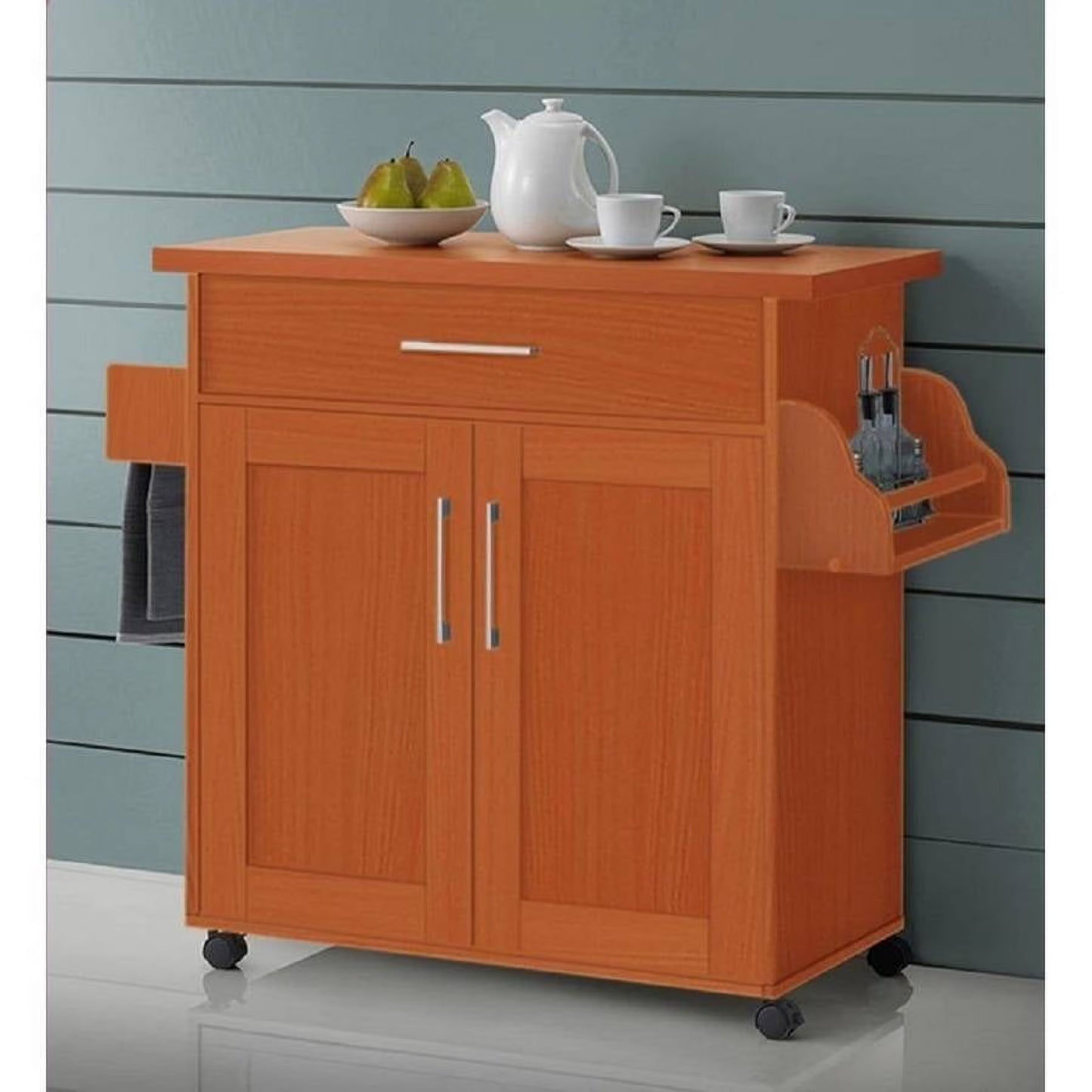Hodedah Kitchen Cart with Spice Rack plus Towel Holder, Beech
