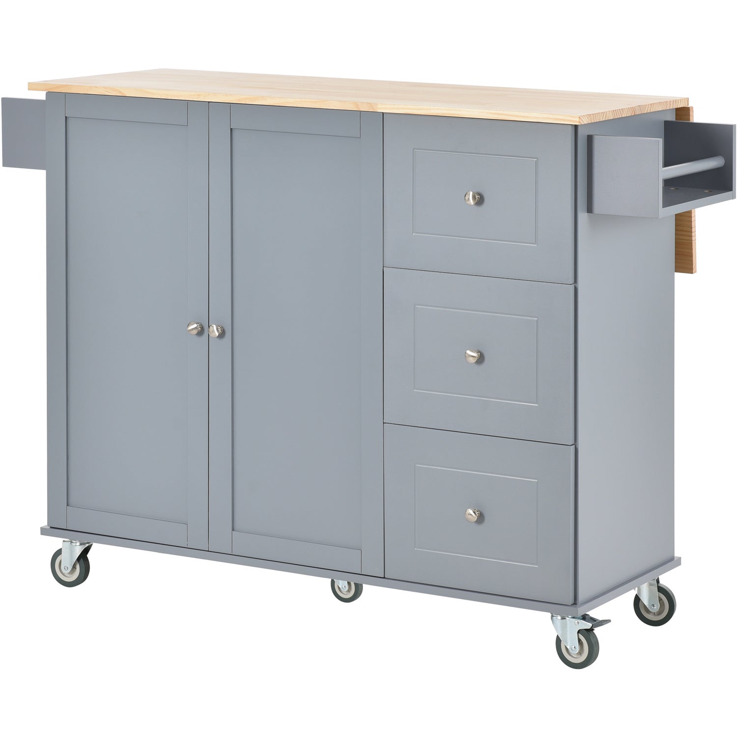 Kitchen Island Cart with Foldable Drop-Leaf Tabletop and Locking Wheels, 52.7" Rolling Kitchen Island Cart with 2 Door Cabinet and 3 Storage Drawers, Spice Rack and Towel Rack, Grey Blue
