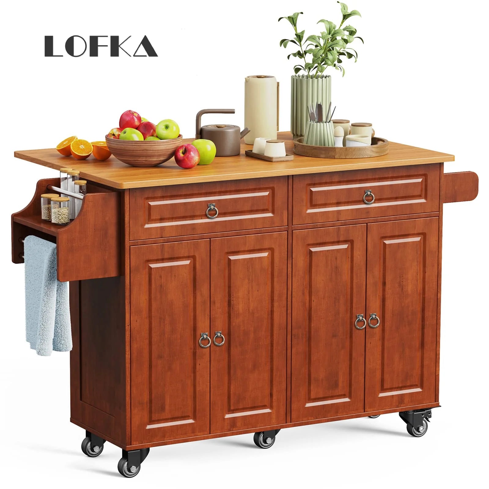 Lofka Kitchen Islands Carts with Storage, 52° kitchen Islands with 2 Storage Cabinet, Spice Rack, Towel Rack, Brown