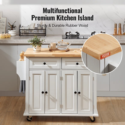 VEVOR Kitchen Island Cart with Solid Wood Top, 35.4" Width Mobile Carts with Storage Cabinet, Rolling Kitchen Table with Spice Rack, Towel Rack, and Drawer