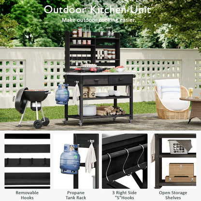 Euroco 64.9"H Outdoor Potting Bench Table with Lockable Wheels, Solid Wood Outdoor Kitchen Island with Upper Hutch, Stainless Steel Top, Towel Rack ,Outdoor Storage for Grilling, Lawn Garden -Black
