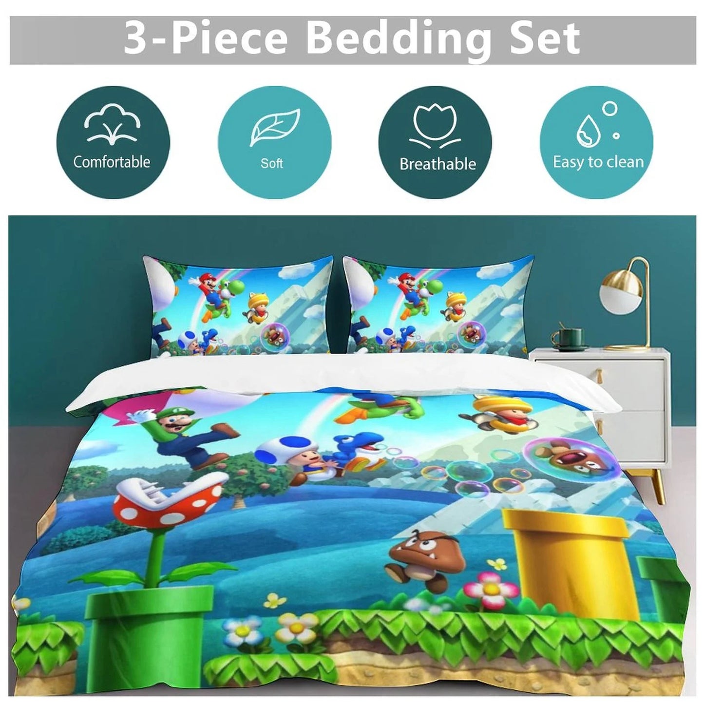 Luigi Super Mario 3 Piece Bedding Sets Decor Comforter Sets With One Duvet Cover Two Pillow Shams
