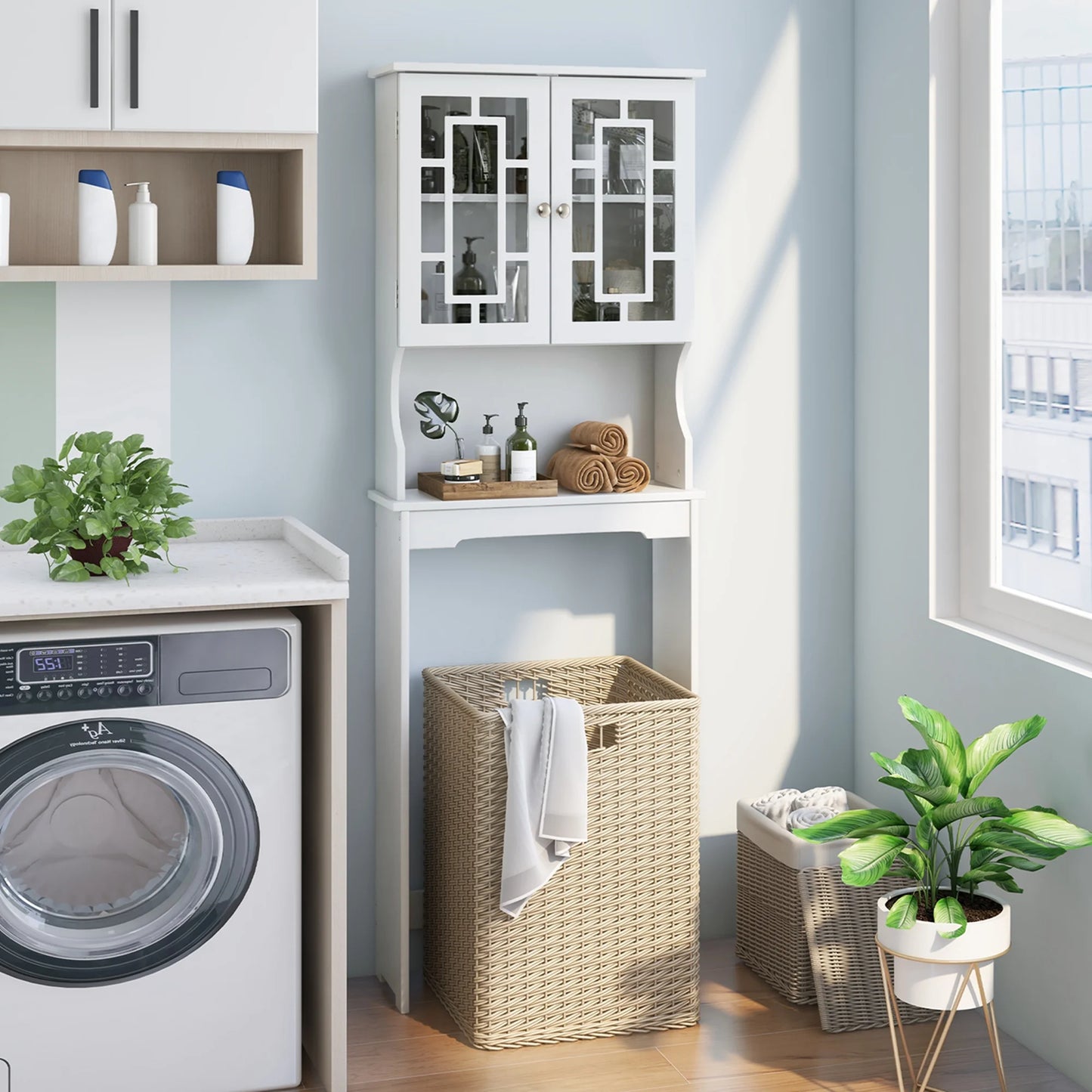 Costway Over the Toilet Storage Bathroom Spacesaver Cabinet Tower Organizer Shelf & Doors White