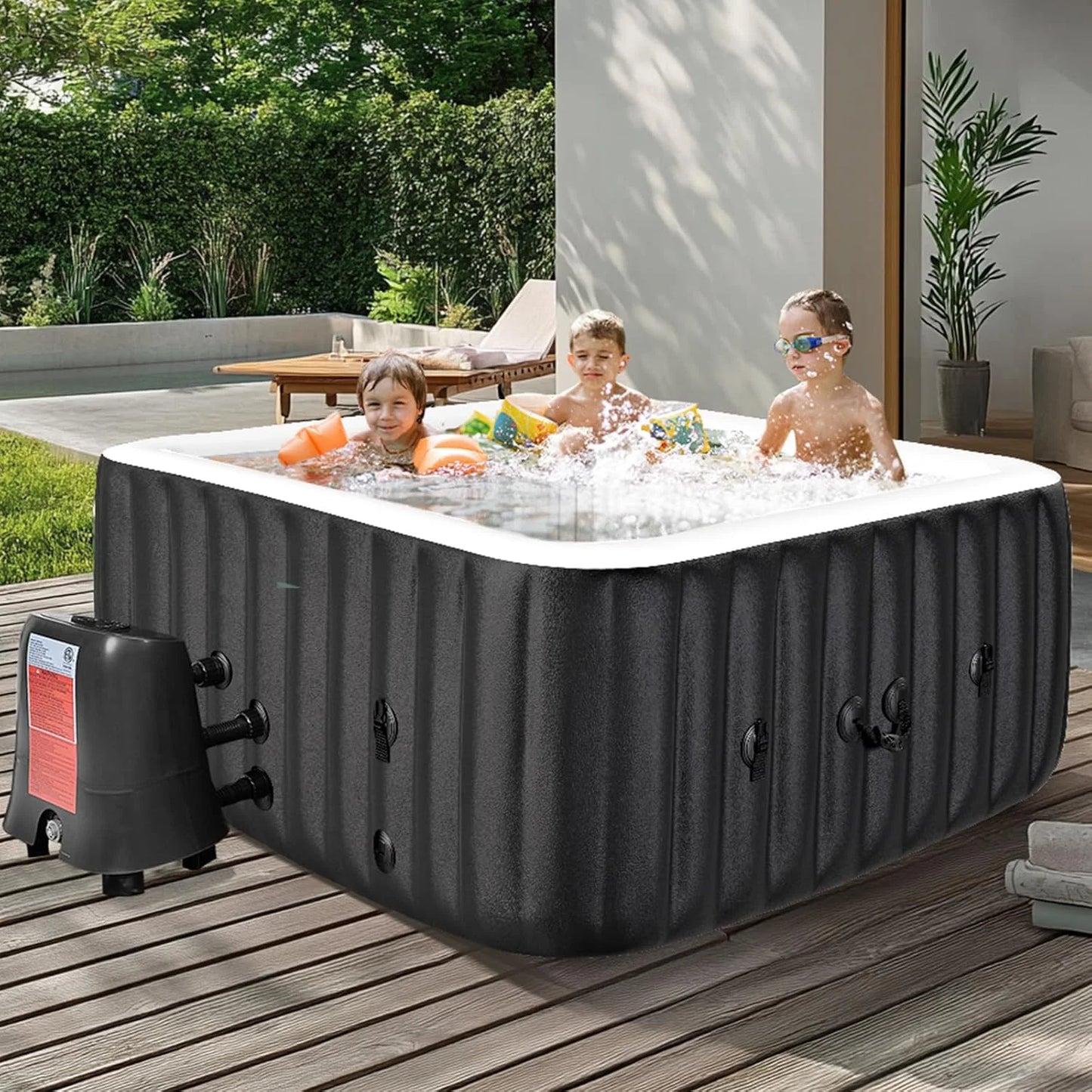 73 inch Outdoor Inflatable Hot Tub with 130 Bubble Air Jets, 4-6 Person Square Portable Hottub Spa with LED Control Panel, Blow Up Spa Bathtub with 2 Filter, Temperature up to 104° F