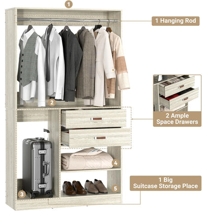 Homieasy Freestanding Closet System with Suitcase Storage, 40 Inches Stand-alone Wardrobe with 2 Wood Drawers, 80'' Height Adjustable Cloth Garment Rack, Walk-in Closet with Hanging Rod, White