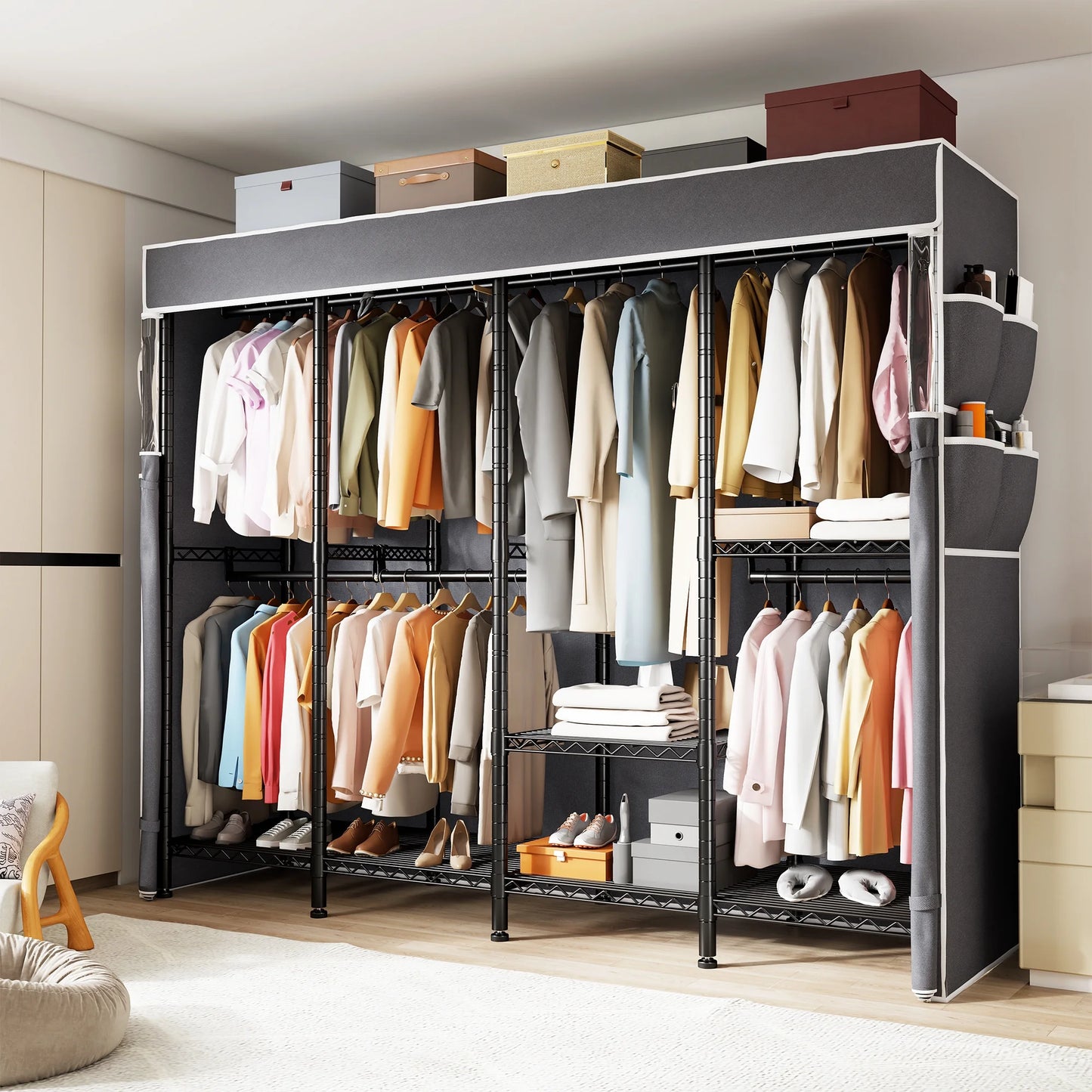 EnHomee 76"W Clothes Rack with Cover,1100LBS Heavy Duty Wardrobe Closet Organizer,Adjustable Portable ClosetBlack