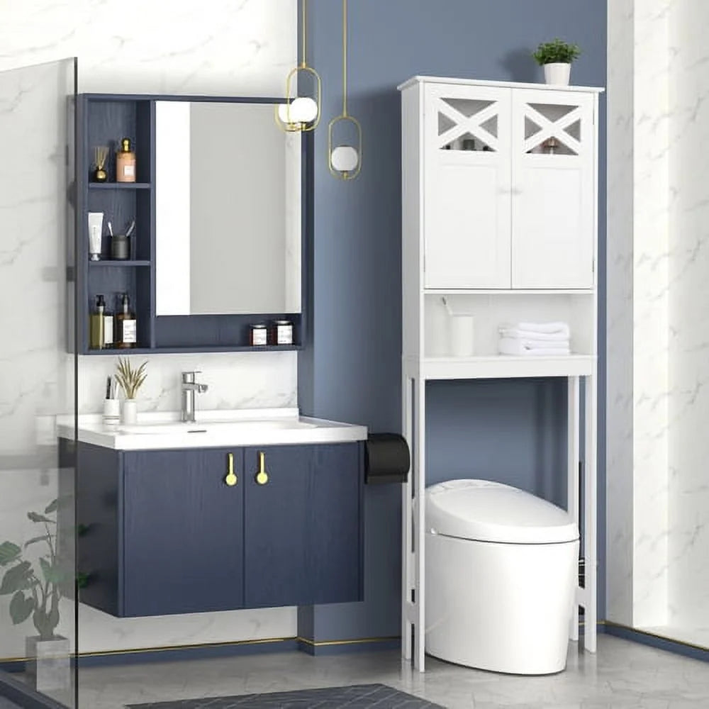 SamyoHome Wooden Over The Toilet Cabinet Bathroom Freestanding Cabinet with Shelves, White