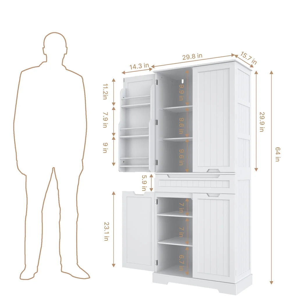Aiho 64" Tall Kitchen Pantry, Farmhouse Storage Cabinet, Organizer, Drawer and Adjustable Shelves for Kitchen, Dining Room, Bathroom - White