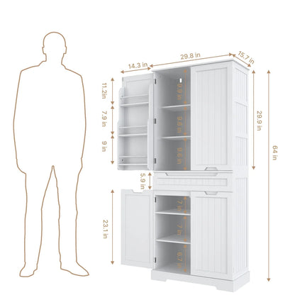 Aiho 64" Tall Kitchen Pantry, Farmhouse Storage Cabinet, Organizer, Drawer and Adjustable Shelves for Kitchen, Dining Room, Bathroom - White