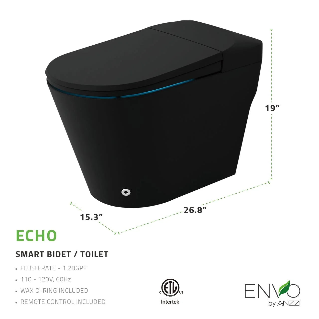 ANZZI ENVO Echo Elongated Smart Toilet Bidet in Matte Black with Auto Flush