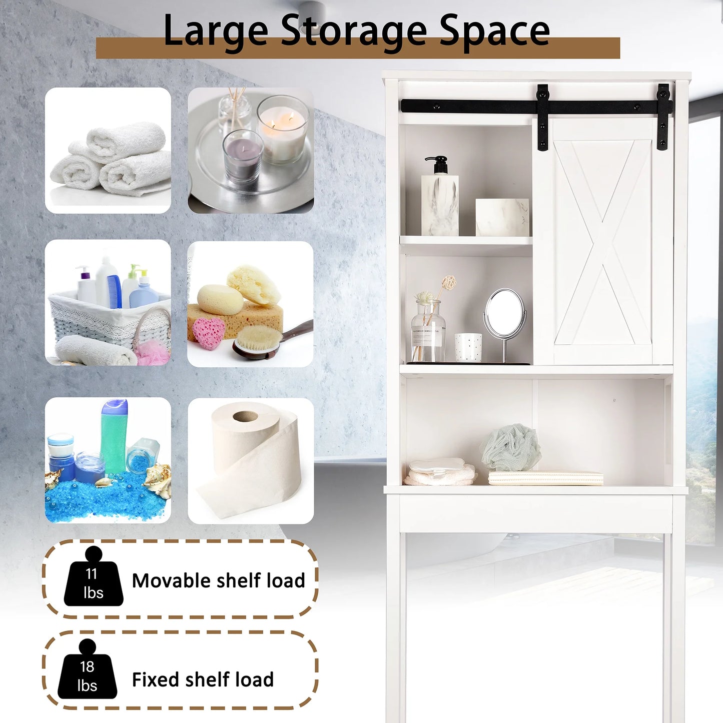 Tolead Wooden Bathroom Storage Over The Toilet with Adjustable Shelves and Sliding Doors, Towels, Wood, White