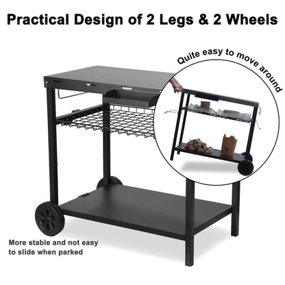 Grill Cart, Pizza Oven Stand, Outdoor bbq Prep Station with Storage, Wheel, Hook, Handle, Black Steel Tabletop, Garbage Bag Holder, Paper Towel Holder, Movable Spice Rack