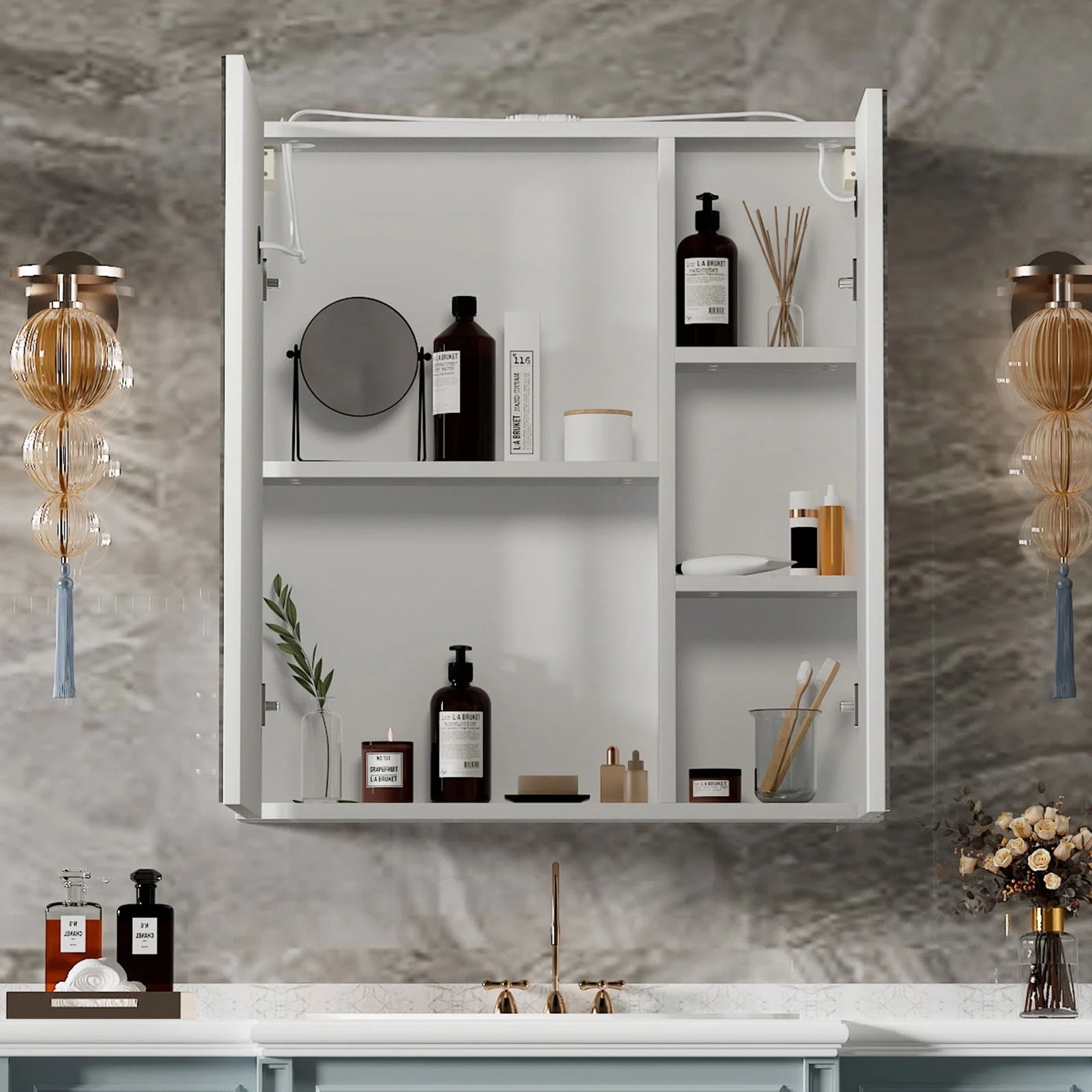 Led Medicine Cabinets for Bathroom with Mirror Lighted Mirror Cabinet with Defogger Surface Mount Bathroom Vanity Medicine Cabinet with Storage 23.7X 25.6Inch