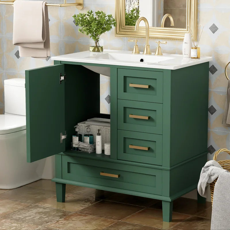 Duxelifin 30" Bathroom Vanity with Sink, Modern bathroom sink cabinet with Soft-Close storage Drawers, Freestanding Vanity with Ceramic Top (Green)