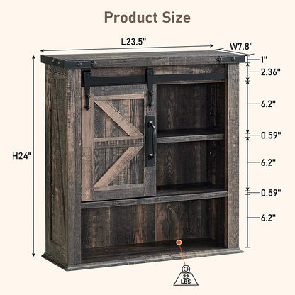 OKD Wall Storage Cabinet with Barn Door & 3 Shelves Farmhouse Wooden Bathroom Wall Mounted Medicine Cabinet Organizer Spacesaver for Kitchen Laundry Room Hotels Home, Light Rustic Oak