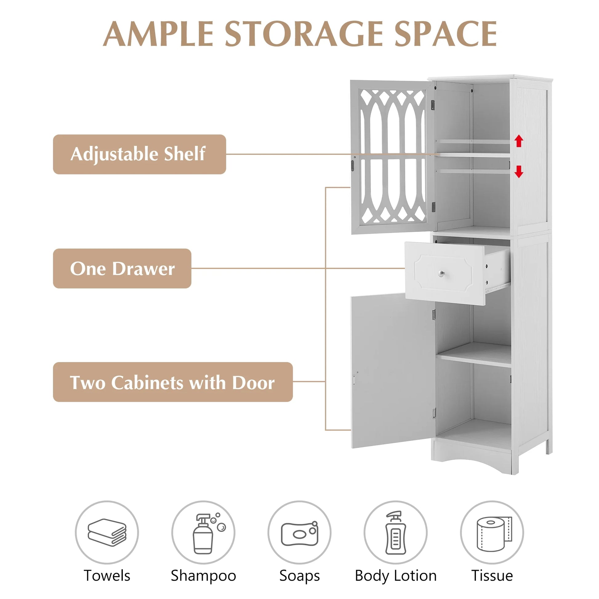 Royard Oaktree Tall Bathroom Cabinet with Drawer and Doors Freestanding Storage Cabinet with Hutch Modern Narrow Kitchen Pantry Sideboard Cabinets for Living Room Bedroom Office, White