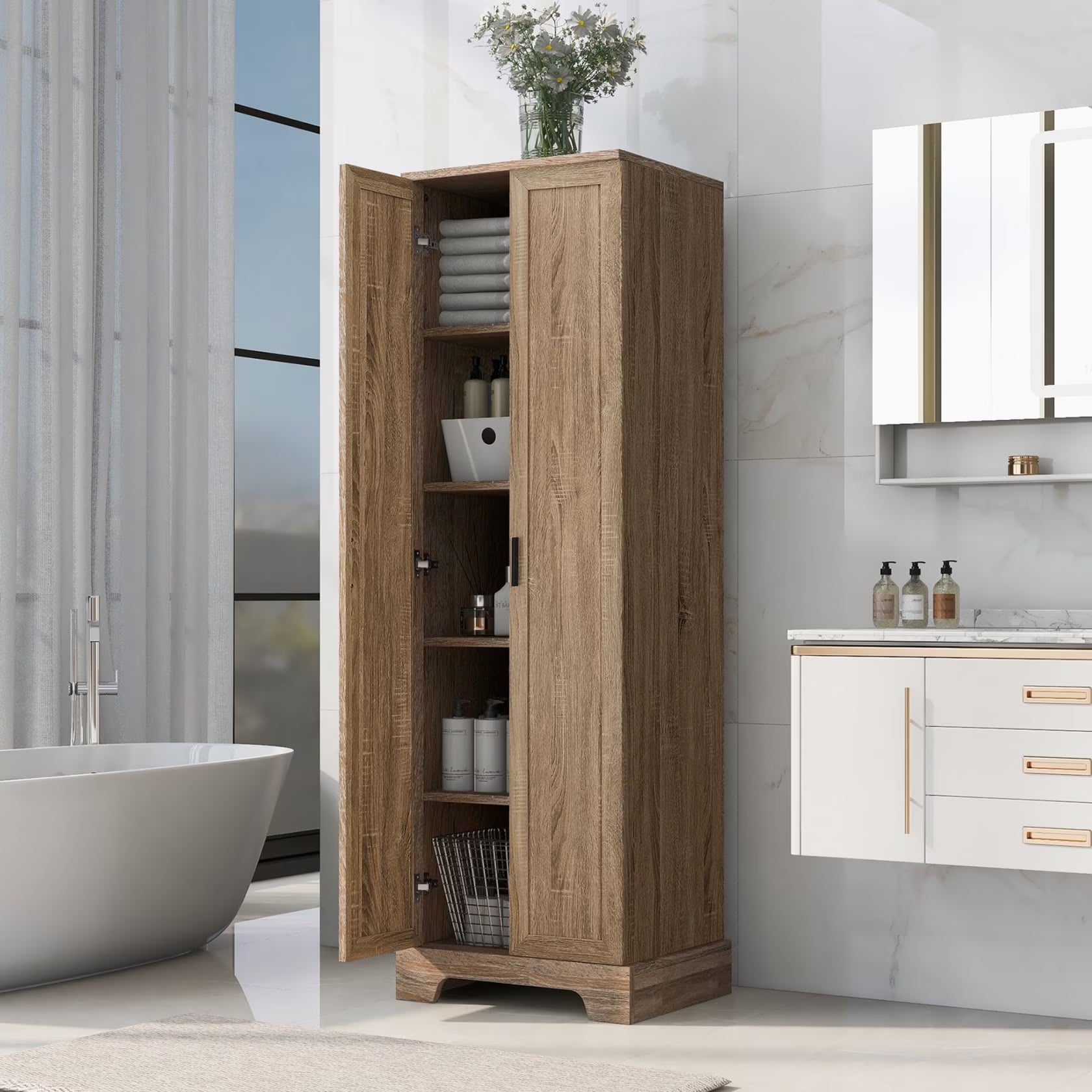 22'' Double Door Storage Cabinet with Adjustable Shelves, High Quality Bathroom Cabinet with MDF Material, for Living room, Bathroom, Black