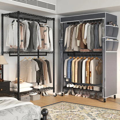 EnHomee Rolling Closet Rack with Dustproof Cover,450LBS Load Capacity Adjustable 81"H Portable Wardrobe with Side Pockets,Black