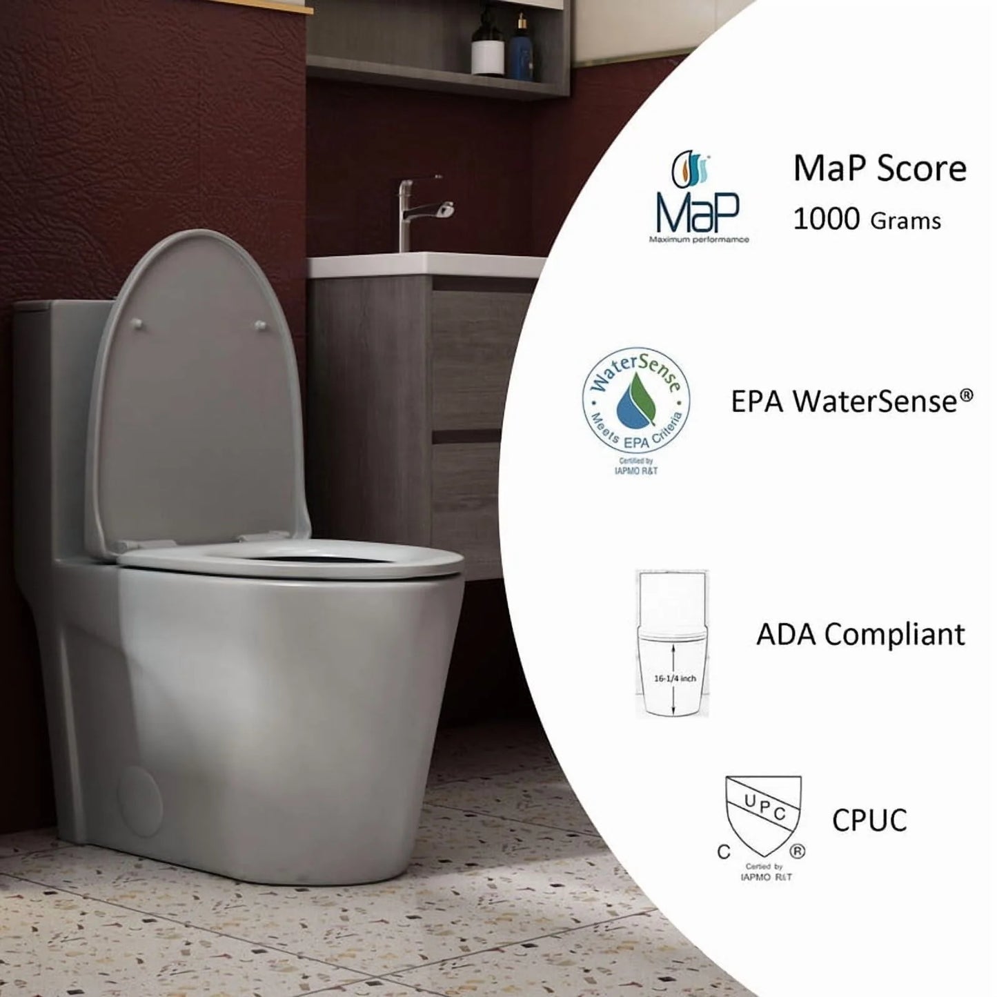 Albriya A1854 One Piece Toilet, Modern Elongated Toilet Power Dual Flush 1.1/1.6 GPF with Comfortable Chair Seat ADA Height 16 1/4’for Bathroom, 12’Rough-In, MaP 1000g, Grey