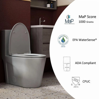 Albriya A1854 One Piece Toilet, Modern Elongated Toilet Power Dual Flush 1.1/1.6 GPF with Comfortable Chair Seat ADA Height 16 1/4’for Bathroom, 12’Rough-In, MaP 1000g, Grey
