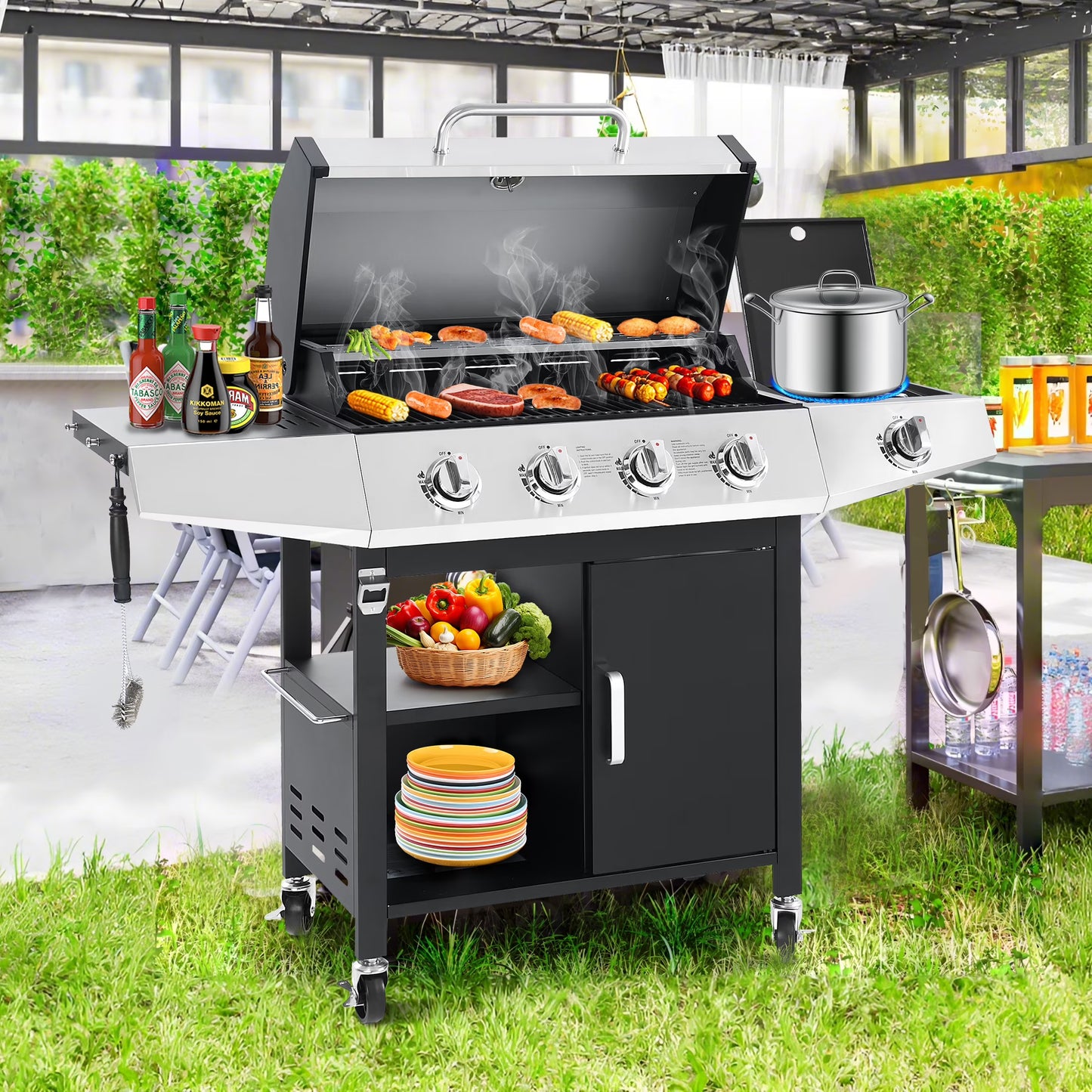 4-Burner BBQ Grill W/Side Burner, 50,000BTU Gas Propane Grill Portable with Storage Cabinet, Heavy-Duty Stainless Steel Outdoor Cooking, with Tank Hook, Towel Rack, Steel Brush