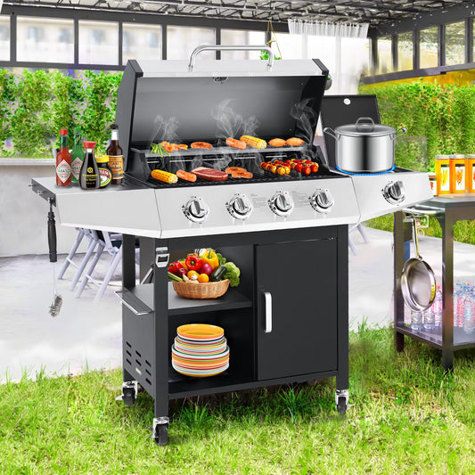 4-Burner BBQ Grill W/Side Burner, 50,000BTU Gas Propane Grill Portable with Storage Cabinet, Heavy-Duty Stainless Steel Outdoor Cooking, with Tank Hook, Towel Rack, Steel Brush