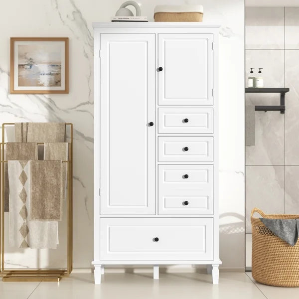 Tall White Storage Cabinet with 4 Drawers & Adjustable Shelves Multi-Functional Organizer for Bathroom, Office, Living Room Solid Pine & MDF (61.8" Height)
