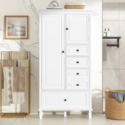 Tall White Storage Cabinet with 4 Drawers & Adjustable Shelves Multi-Functional Organizer for Bathroom, Office, Living Room Solid Pine & MDF (61.8" Height)