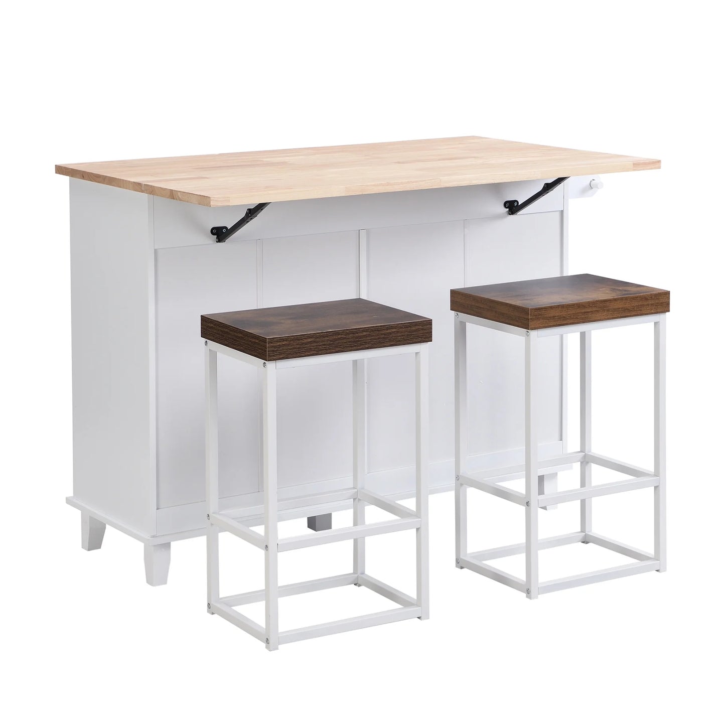 Kitchen Island with Storage, Portable Kitchen Island on Wheels with Drop-Leaf and 2 Stools, Built-in 4 Drawers and Towel Rack, Rolling Kitchen Island Cart for Home, Kitchen and Dining Room, White