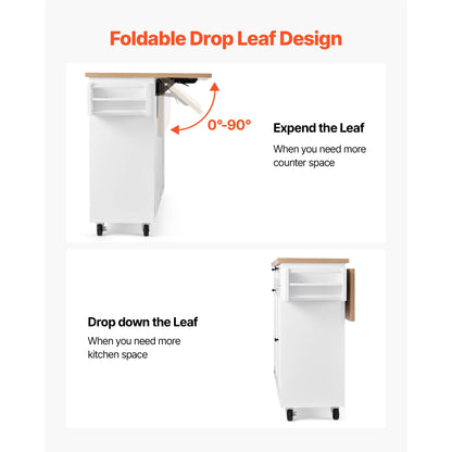 KFFKFF 60in Wide Mobile Kitchen Island Cart with Storage, Drop Leaf, 2 Drawers, Trash Bin Cabinet, Knife Slot, Spice Organizer, and Towel Bar, Ideal for Dining Room or Pantry