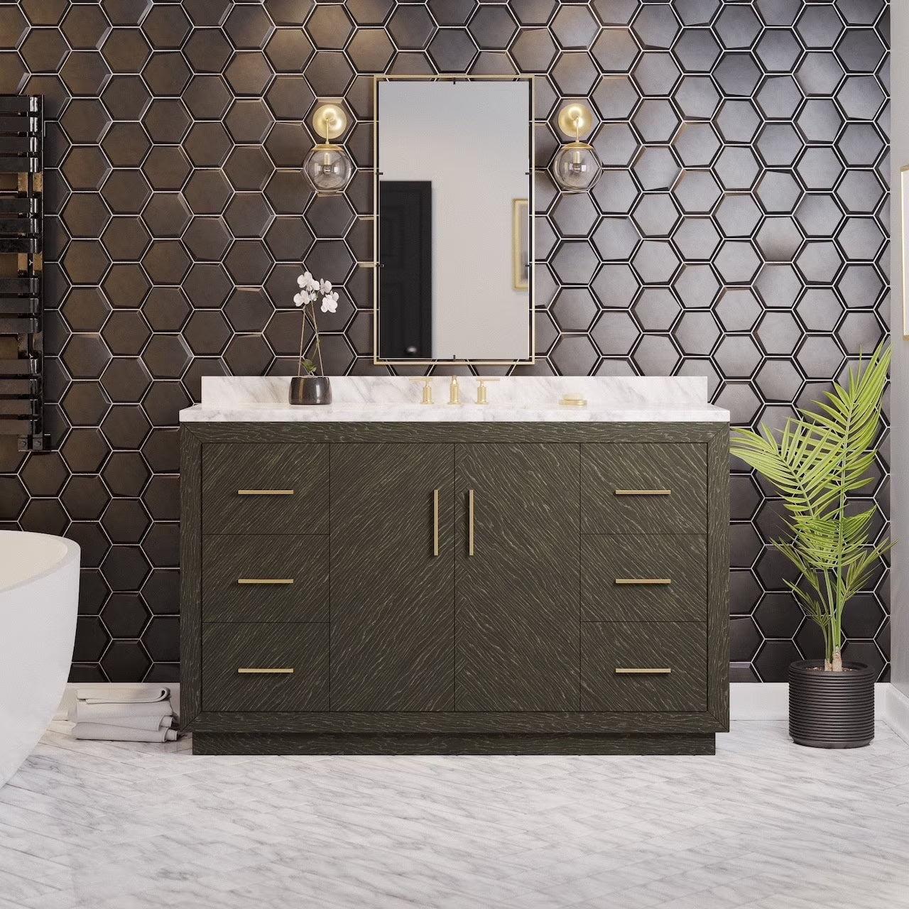 Peyton 60" Single Bathroom Vanity with Gray Oak Cabinet and Carrara Marble Top