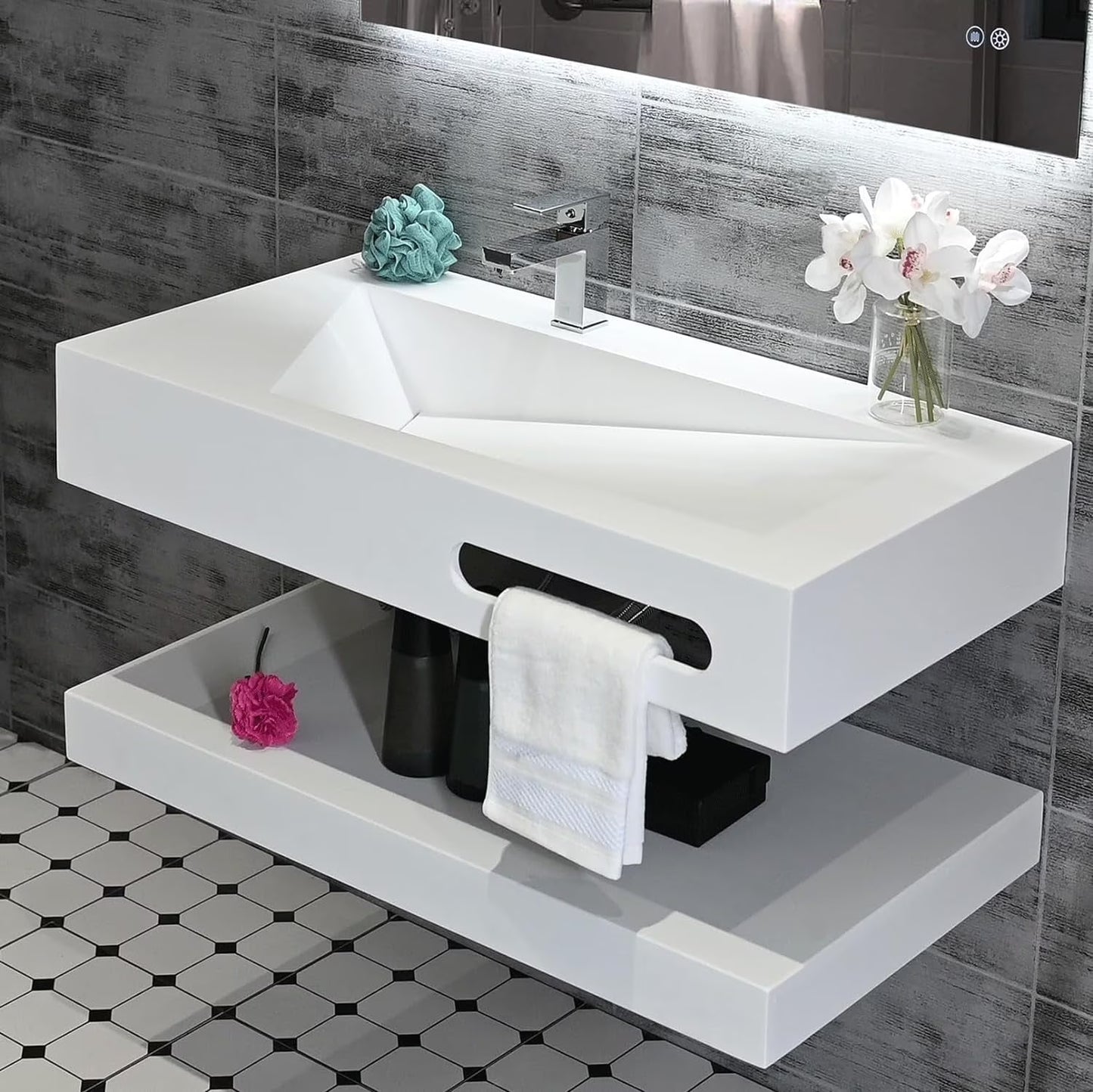 GGISHA 24"x19" Wall-Mount Stone Resin Bathroom Sink Rectangular Vessel Sinks for Bathroom Floating Vanity Sink Trough Modern Art Basin with Shelf Layer