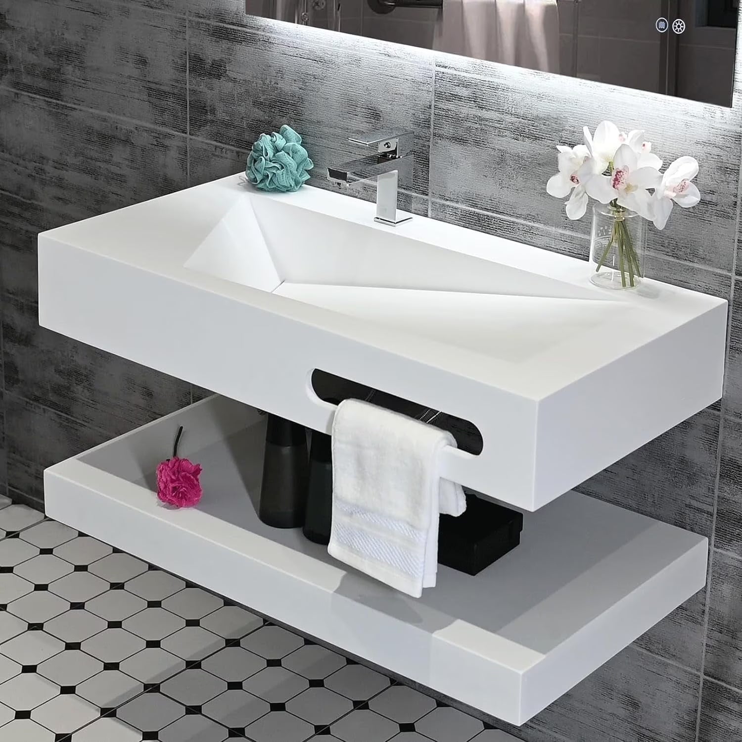 GGISHA 24"x19" Wall-Mount Stone Resin Bathroom Sink Rectangular Vessel Sinks for Bathroom Floating Vanity Sink Trough Modern Art Basin with Shelf Layer