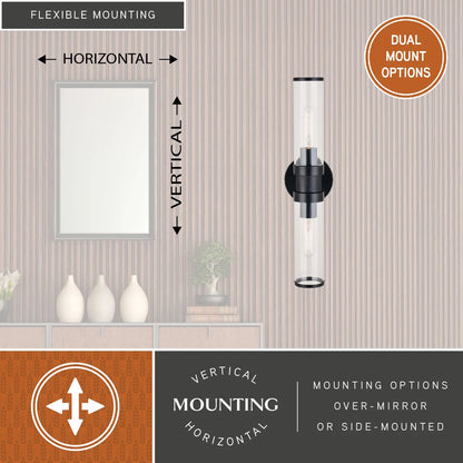 Levitt 2 Light Black Industrial Bathroom Vanity Wall Fixture with Clear Tube Glass