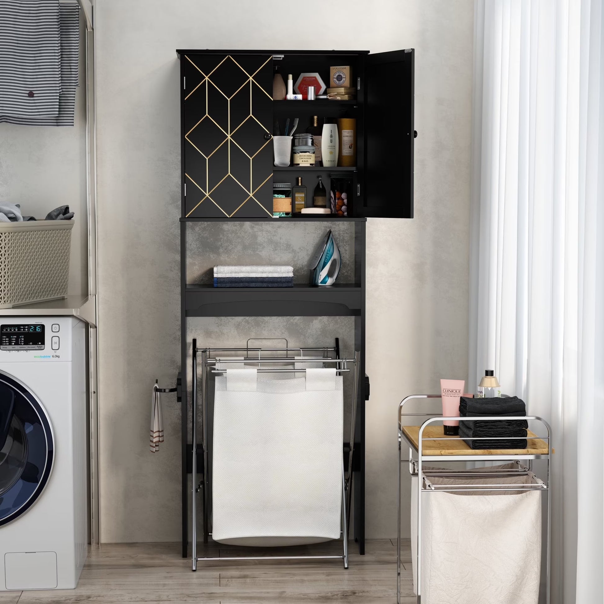 HLR Over The Toilet Storage Cabinet, Bathroom Above Toilet Storage Cabinet with Doors and Adjustable Shelves, Black