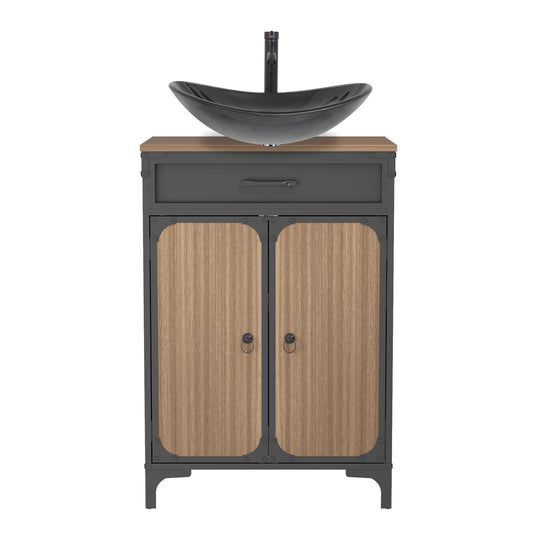 PULUOMIS Bathroom Vanity, 30" Bathroom Vanity with Sink Combo Set, Brown Modern Wood Bathroom Cabinet with Black Ceramic Bathroom Sink