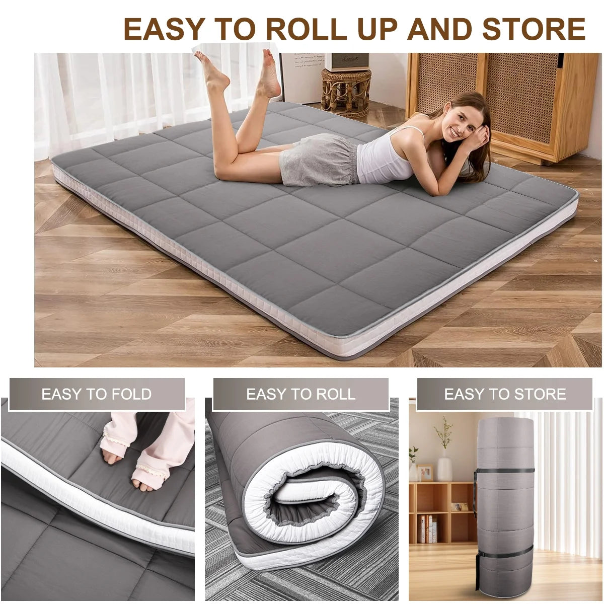 CshidWorld Japanese Floor Mattress, Futon Mattress w/Storage Bag & Washable Cover, Roll up Floor Mattress 4° F Thick Tatami Mattress Quilted Bed Mattress Topper for Dorm, Guest Room, Gray, Queen