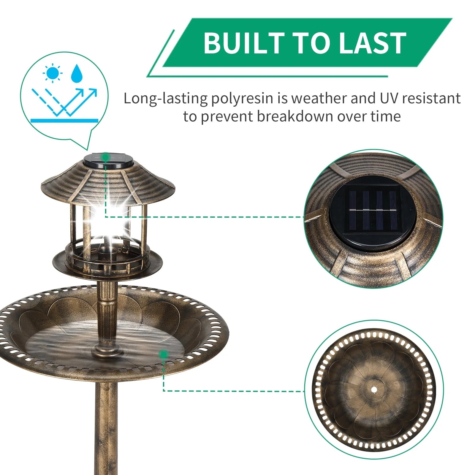 GoDecor Bird Bath Pedestal Birdbaths Brown 42 Inch Bird Bath with Solar Light