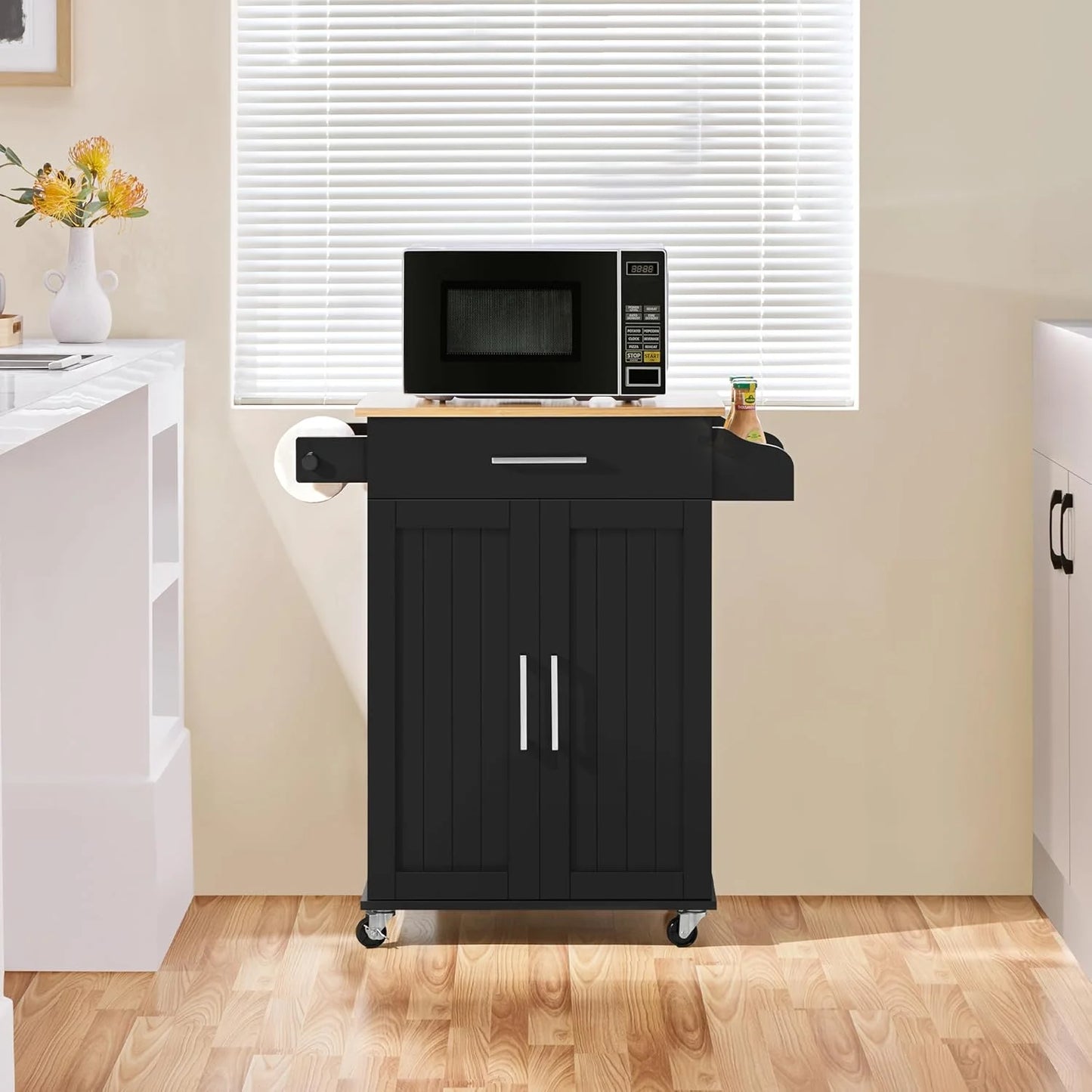HXYHJ Kitchen Island on Wheels with Storage Cabinet, Rolling Kitchen Cart with Bamboo Top & Drawer & Spice Rack Towel Bar, Microwave Stand Cart for Kitchen/Dining Room, Black