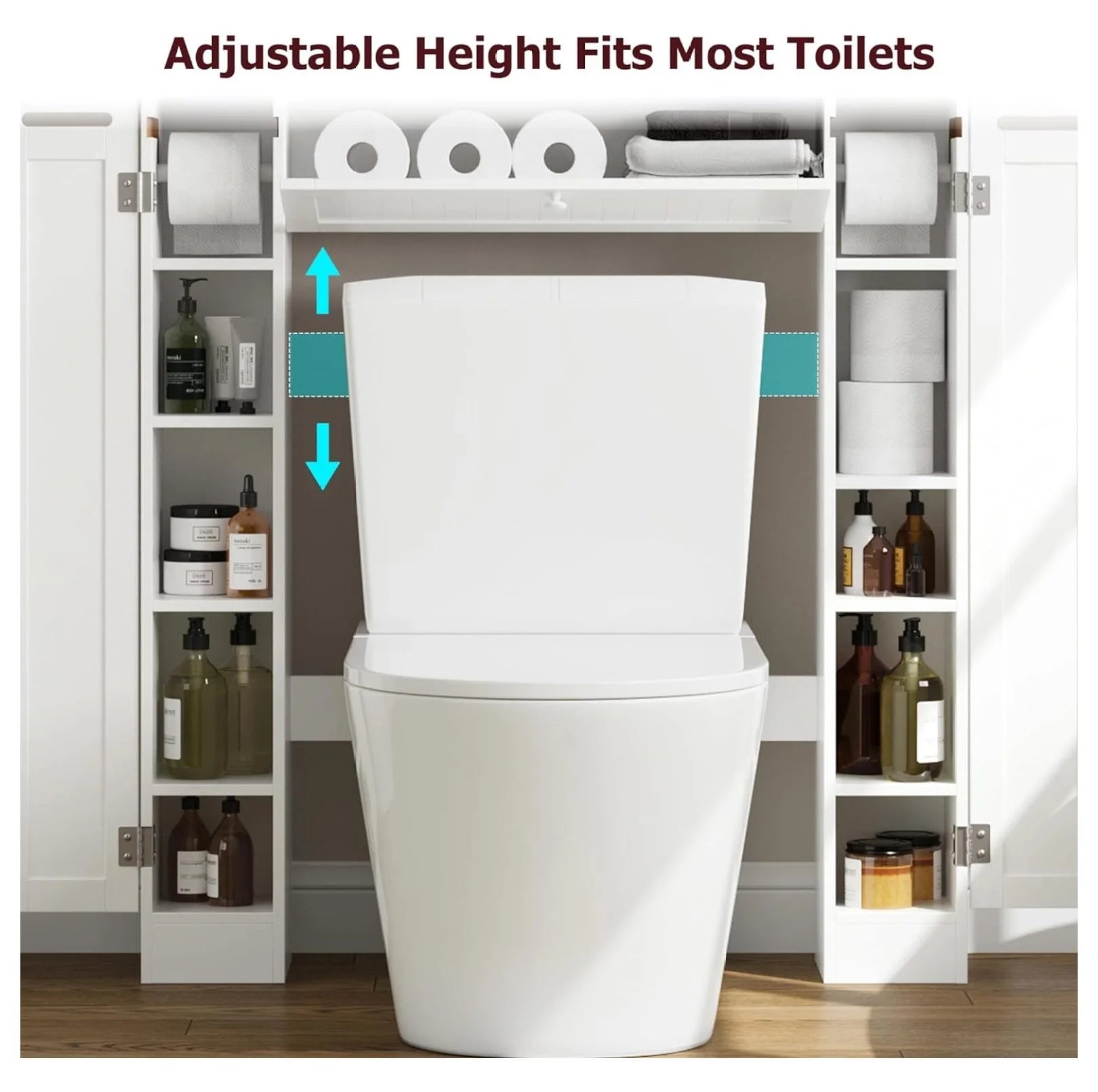 Over The Toilet Storage Cabinet, Bathroom Space Saver with Paper Holder and Adjustable Shelves, Freestanding Toilet Cabinet Organizer with 2 Side Doors and Pull-Down Door, White