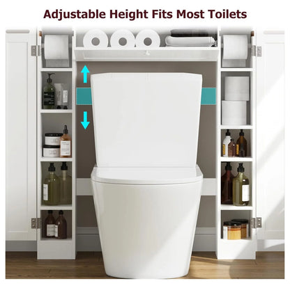 Over The Toilet Storage Cabinet, Bathroom Space Saver with Paper Holder and Adjustable Shelves, Freestanding Toilet Cabinet Organizer with 2 Side Doors and Pull-Down Door, White