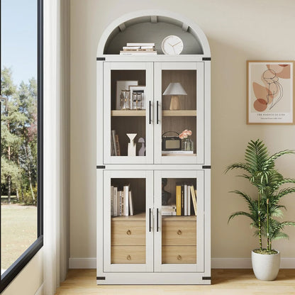 Arched Kitchen Pantry Storage Cabinet with 2 Drawers, 71-Inch Tall Farmhouse Wood Bookcase with 4 Doors for Kitchen Dining Room Bathroom