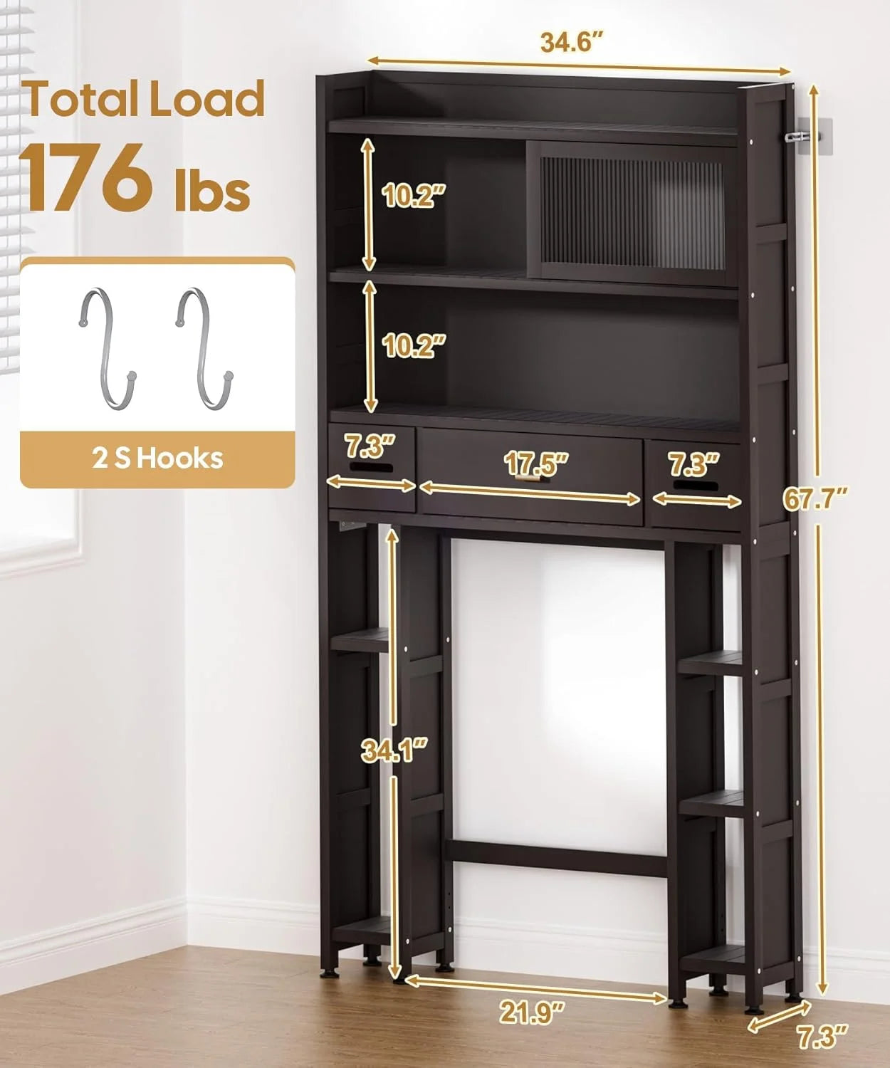 Over The Toilet Storage Cabinet with Acrylic Sliding Door Panel, Bamboo Organizer Shelf with 2 Paper Drawers and 1 Big Drawer,Space Saver Rack for Bathroom (White)