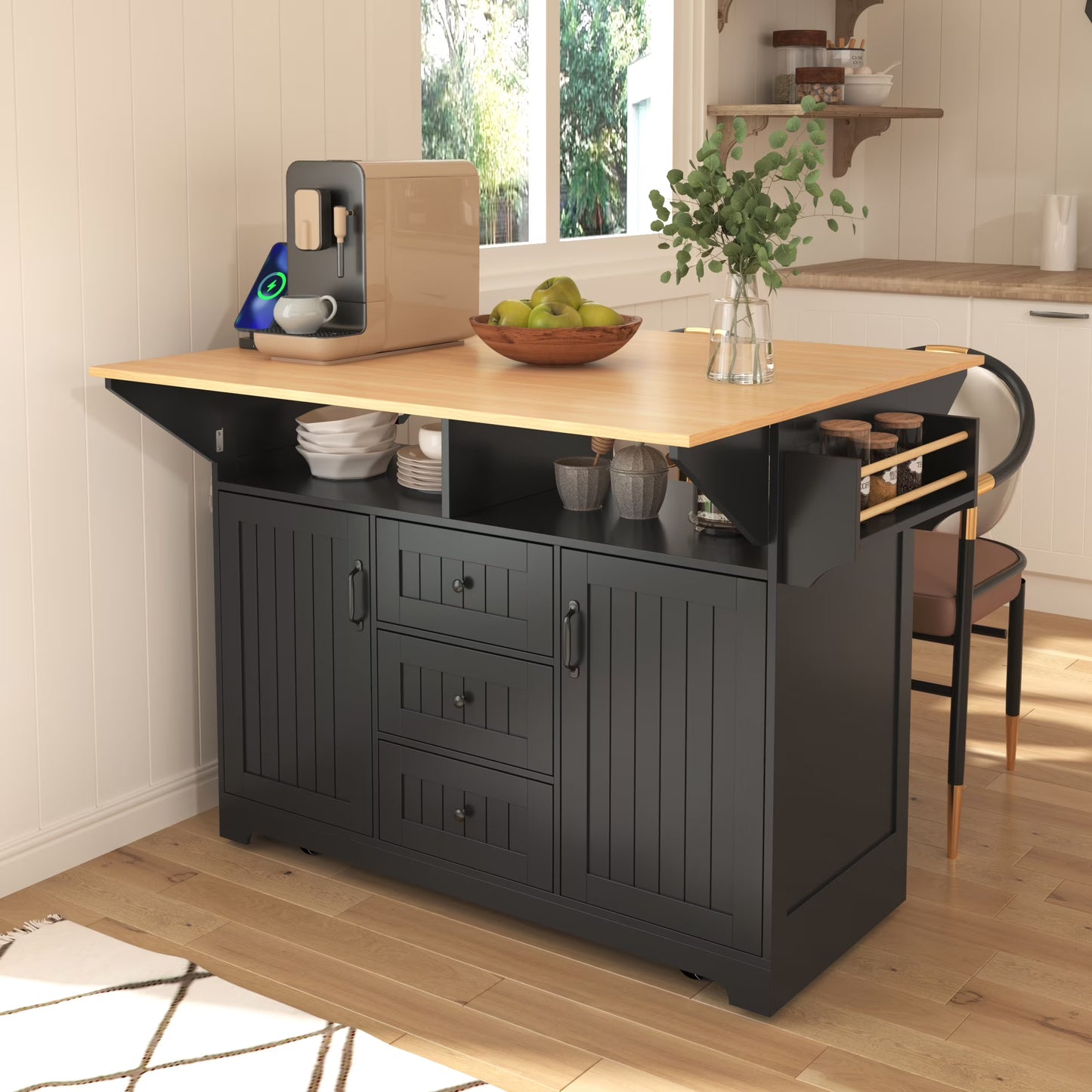 Yoneston 55.7" Kitchen Island with Drop Leaf and Power Outlet, Rolling Kitchen Cart with Spice Towel Rack, Folding Storage Dining Table with 3 Drawers 2 Doors for Kitchen Dining Room, White